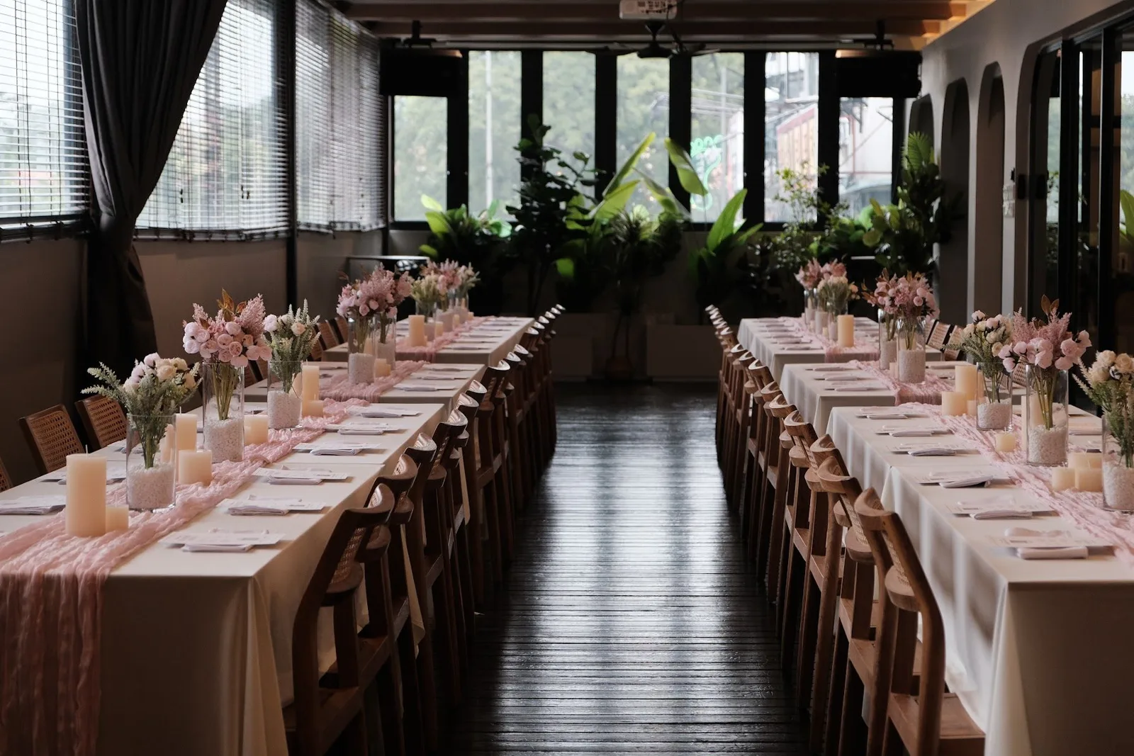 Engagement dinner tables with pink runners