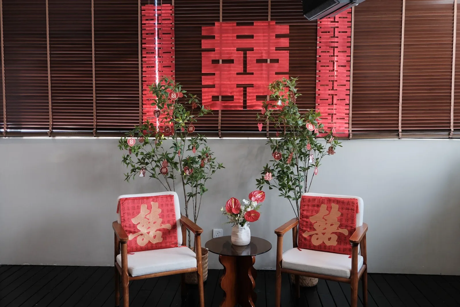 Tea ceremony set-up with double happiness backdrop
